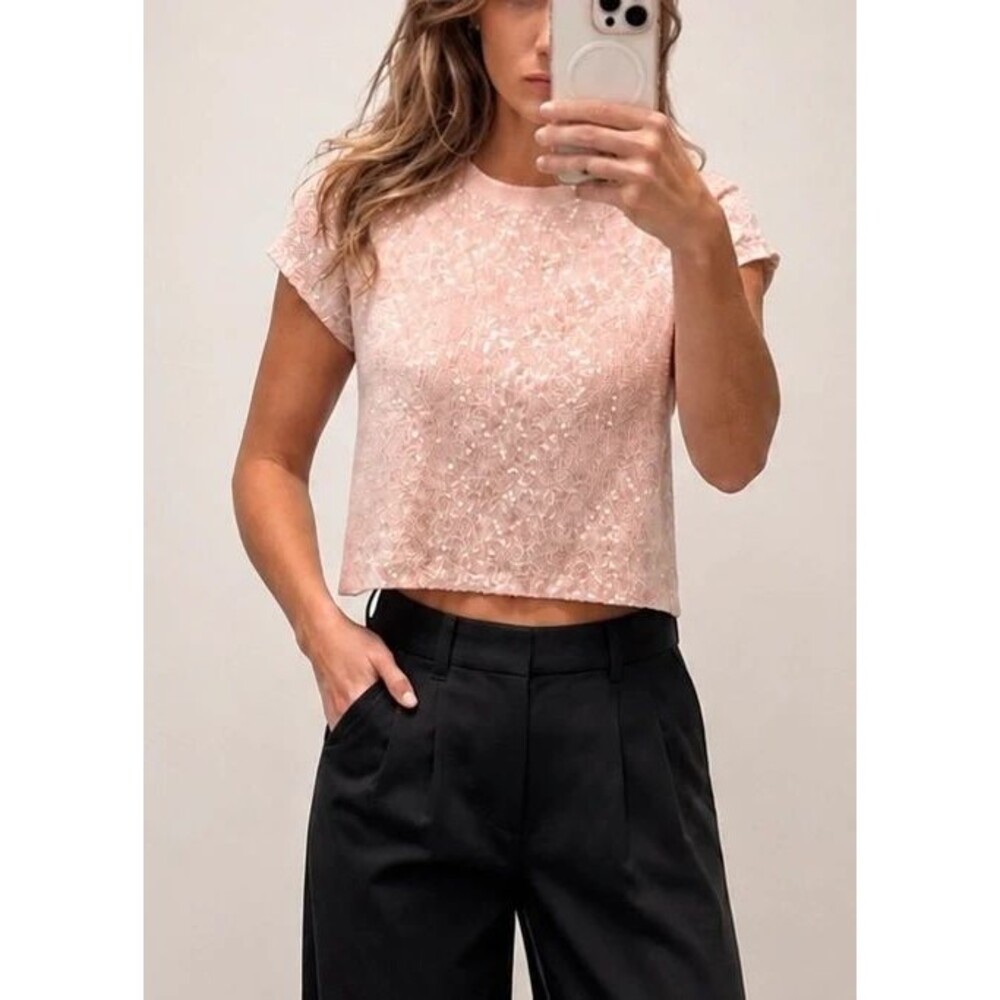 Rachel Zoe Blush Pink Sequin Crop Top Women’s Medium Short Sleeve Party